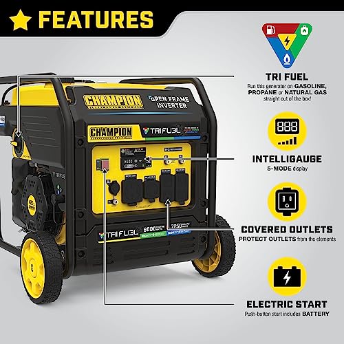 Champion Power Equipment 201176 9000-Watt Electric Start Tri-Fuel Open Frame Inverter Generator with CO Shield