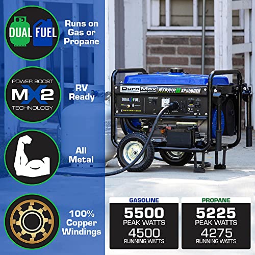 DuroMax XP5500EH Electric Start-Camping & RV Ready, All States Approved Dual Fuel Portable Generator-5500 Watt Gas or Propane Powered, Blue/Black