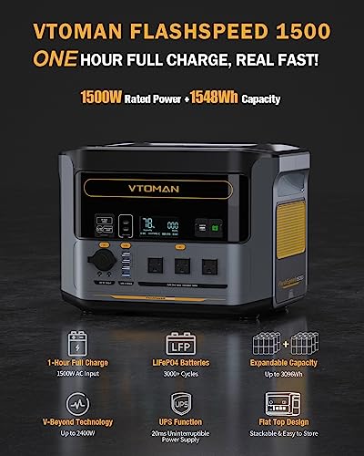VTOMAN FlashSpeed 1500 Portable Power Station 1548Wh, Recharge 0-100% within 1H, LiFePO4 (LFP) Battery Powered Solar Generator