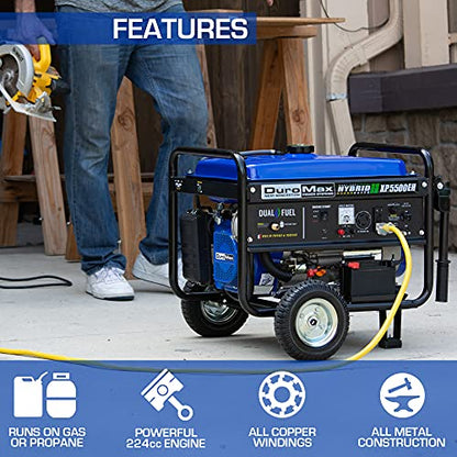 DuroMax XP5500EH Electric Start-Camping & RV Ready, All States Approved Dual Fuel Portable Generator-5500 Watt Gas or Propane Powered, Blue/Black