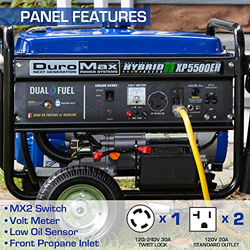 DuroMax XP5500EH Electric Start-Camping & RV Ready, All States Approved Dual Fuel Portable Generator-5500 Watt Gas or Propane Powered, Blue/Black