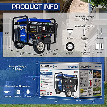DuroMax XP5500EH Electric Start-Camping & RV Ready, All States Approved Dual Fuel Portable Generator-5500 Watt Gas or Propane Powered, Blue/Black