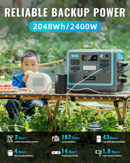 2400W Portable Power Station, 2048Wh LiFePO4 Battery Backup, 1.8H Fast Charging,16 Outputs